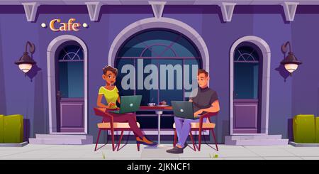 Mann und Frau arbeiten an Laptops, die im Café sitzen. Restaurant- oder Café-Fassade mit Tisch im Freien und ein paar Freiberuflern. Vektorgrafik Cartoon Illustration von Remote-Job, freiberufliche Konzept Stock Vektor