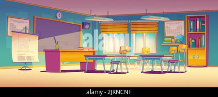 Schulklasse mit Tafel, Lehrertisch, Tischen und Stühlen. Leeres Klasseninterieur mit Tafel, Plakaten an Wand und Ständer, Bücherregal und Globus. Vektorgrafik im zeitgenössischen Kunststil Stock Vektor