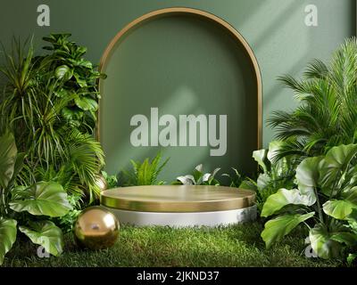 Gold Podium im tropischen Wald für Produktpräsentation und grünen Hintergrund.3D Rendering Stockfoto