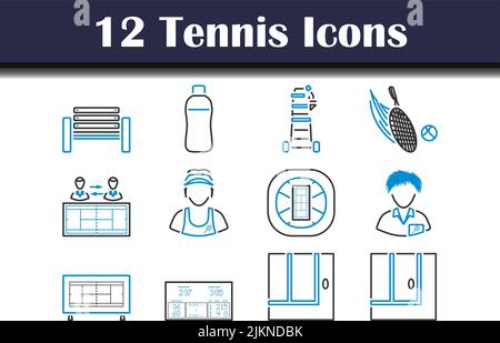 Tennis-Icon-Set. Editierbare Fett Formatigte Kontur Mit Farbfüllungsdesign. Vektorgrafik. Stock Vektor