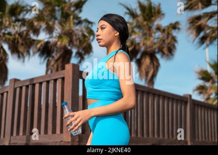 Eine hübsche afroamerikanische Frau, die an einem sonnigen Tag am Strand Sport macht Stockfoto