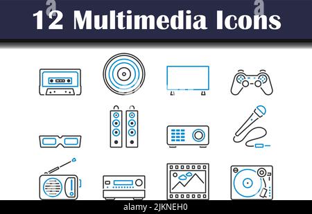 Multimedia-Symbol Eingestellt. Editierbare Fett Formatigte Kontur Mit Farbfüllungsdesign. Vektorgrafik. Stock Vektor