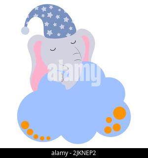 Der Cartoon-Elefant schläft auf einer Wolke. Gute Nacht, Schlaflied Thema. Vektor auf weißem Hintergrund isoliert. Stock Vektor