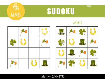 Sudoku für Kinder. Aktivitätsblatt für Kinder. Puzzle-Spiel mit St. Patrick Tag Elemente. Bildungs- und Freizeitkonzept. Vektorgrafik in flacher Form Stock Vektor