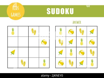 Sudoku für Kinder. Aktivitätsblatt für Kinder. Puzzle-Spiel mit Sommer-Elemente. Bildungs- und Freizeitkonzept. Vektor-Illustration im flachen Cartoon-Stil Stock Vektor