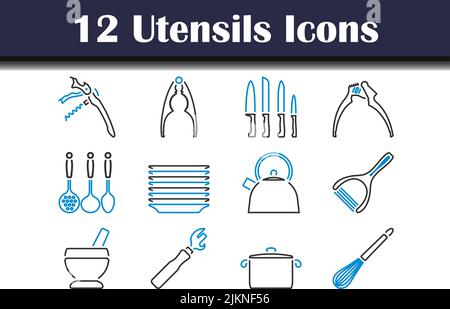 Utensilien-Symbolsatz. Editierbare Fett Formatigte Kontur Mit Farbfüllungsdesign. Vektorgrafik. Stock Vektor