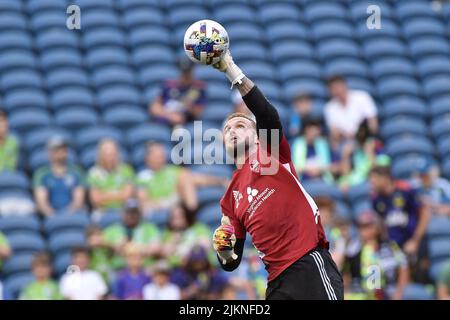 Seattle, Washington, USA. 02. August 2022: Seattle Sounders-Torwart Stefan frei (24) mit einem Block während der Aufwärmphase vor dem MLS-Fußballspiel zwischen dem FC Dallas und dem Seattle Sounders FC im Lumen Field in Seattle, WA. Steve Faber/CSM Credit: CAL Sport Media/Alamy Live News Stockfoto