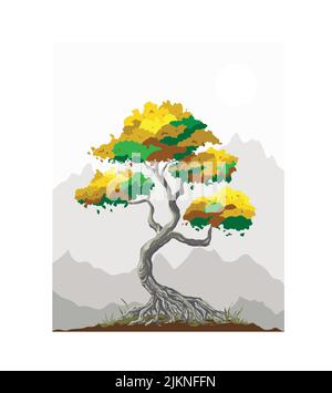 Ein wunderschöner Baum mit grünem, gelbem und braunem Laub auf dem Hintergrund der Berge Stock Vektor