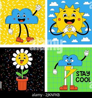 Setzen Sie Retro-Cartoon-Aufkleber mit lustigen Comic-Figuren mit lustigen Gesichtern, Handschuhen und Füßen. Trendy abstrakt Cartoon Sonne, Power Blume, Wolke, Seufzer Stock Vektor