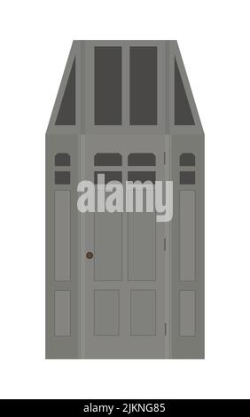 Graues Eingangstor aus Holz mit Glasfenstern. Eingangstür, design im europäischen Stil. Vektorgrafik. Stock Vektor