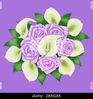 Strauß Rosen und Callas, handgezeichnet, isoliert auf purpurem Hintergrund. Vektorgrafik für Aktien Stock Vektor