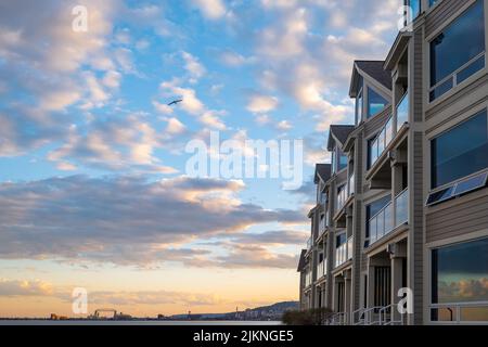 Moderne Gebäudeaußenwand mit vielen Fenstern bei Abendlicht, teilweise bewölktem Himmel, einem aufsteigenden Vogel und fernem Horizont. Stockfoto