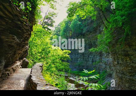 Ein felsiger Fußweg in der Nähe von fließendem Wasser zwischen steilen Klippen im Watkins Glen State Park Stockfoto