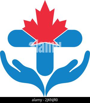 Zwei blaue Hände halten ein rotes Ahornblatt mit einem Kreuz isoliert auf einem weißen Hintergrund - medizinisches Konzept Stock Vektor