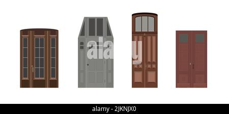 Satz von 4 Eingangstür Portal mit Glasfenstern. Eingangstür, design im europäischen Stil. Vektorgrafik. Stock Vektor