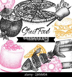 Street Food Dotwork Poster. Vektor Illustration von handgezeichneten Tattoo Sketch Konzept. Stock Vektor