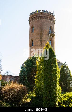 Der Chindia Tower oder Turnul Chindiei ist ein Turm im Targoviste Royal Court oder Curtea Domneasca Monuments Ensemble in der Innenstadt von Targoviste, Rumänien Stockfoto