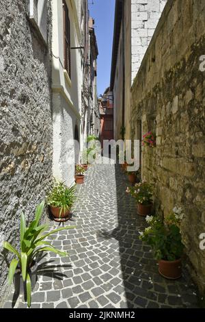 Eine schmale Straße in Vallecorsa, einem Dorf in der Region Latium in Italien im Sommer Stockfoto