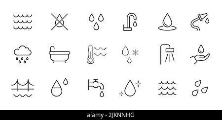 Symbol für Wassertropfenlinie eingestellt. Meer, Meer, Dusche Piktogramm. Bearbeitbares Symbol für dünne Linien des Strichs. Vektorgrafik Stock Vektor