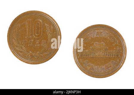 Nahaufnahme einer zehn Yen japanischen Münze, isoliert auf weißem Hintergrund Stockfoto