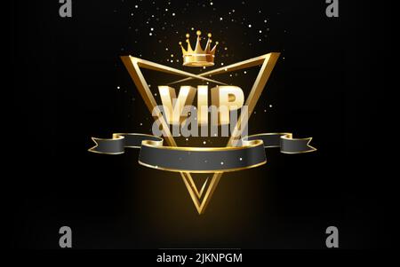 Schwarzes VIP-Glas-Label mit goldener Krone und Rahmen auf schwarzem Musterhintergrund. Stock Vektor