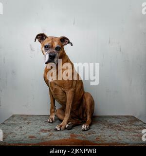 Ein vertikales Nahaufnahme-Porträt eines braunen Boxerwelpen, der an einer weißen Wand sitzt und auf die Kamera schaut Stockfoto