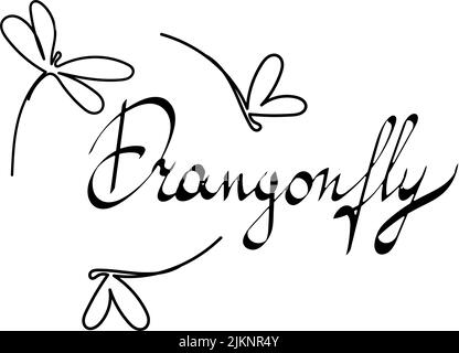 Stilisierte Libellen, handgezeichnetes Doodle. Logo. Handgezeichnete Inschrift. Vektor. Einzeilige Zeichnung. Schwarzweiß-Bild. Die Fliege. Insekt. Geeignet Stock Vektor