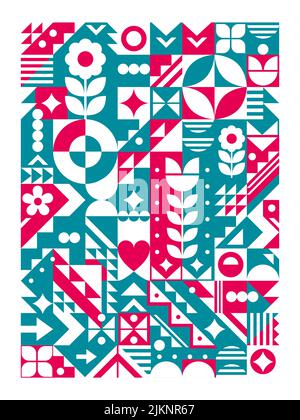 Bauhaus-Stil coole geometrische Vektor Bunte Poster-Design 18x24-Format mit Blumen, Dreiecken, Herz Stock Vektor