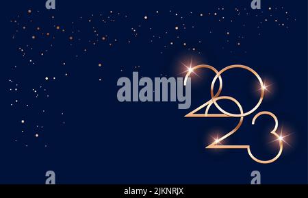 Luxus 2023 Frohes Neues Jahr Frohe Weihnachten Grußkarte - goldener Glanz 2023 Schriftzug auf dunkelblauem weihnachtskonfetti Hintergrund - Vektor Stock Vektor