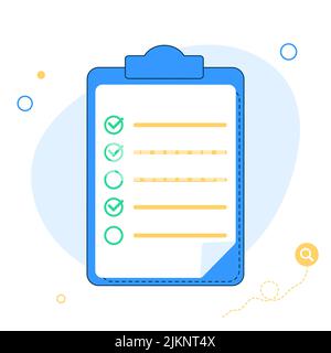Checkliste. Zwischenablage mit Checkliste und Häkchen. Markieren von Kontrollkästchen. Grüne Häkchen. Flaches Design. Vektorgrafik Stock Vektor