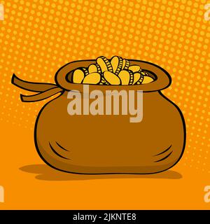 Beutel mit Goldmünzen. Wohlstand und Erfolg. Finanzielle Einsparungen. Idee der Verdienung. Habe einen Schatz gefunden. Beutel aus Gold. Cartoon-Vektor-Illustration im Pop-Art-Stil Stock Vektor
