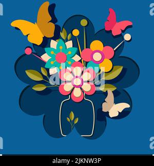 Ein Papier geschnitten Hintergrund, Vase mit farbigen Blumen und schöne Schmetterlinge schönen Hintergrund für Kinder Stockfoto