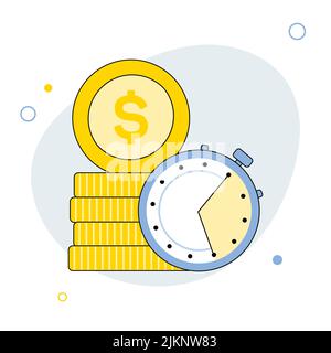 Zeit ist Geld Konzept. Zeit- und Geldeinsparungen skizzieren Vektordarstellung, flacher Cartoon-Timer oder Wecker mit Geld Stock Vektor