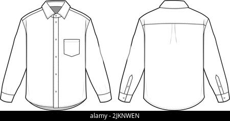 Oxford Hemd mit Kragen und Knopfleiste mit langen Ärmeln Vektor-Mode flach Technische Zeichnung Illustration Blank Streetwear Mock-up-Vorlage für Design und Tech Pack Stock Vektor
