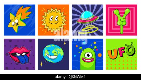 Retro Aufkleber UFO Raum Thema. Planeten, Aliens, Raumschiff im Cartoon-Stil. Vektorgrafik Stock Vektor