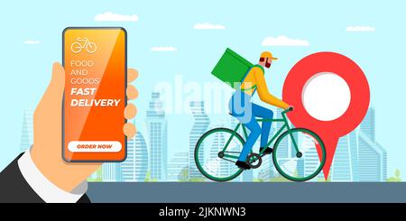 Fahrrad Lieferung Bestellservice App Banner Konzept. Smartphone mit Geotag-Positionsnadel auf dem Stadtplan und schnellem Kurier auf dem Fahrrad mit Rucksack. Lebensmittel und Waren online bestellen. Vektor Stock Vektor