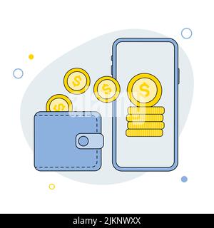 Geldtransfer. Online-Zahlung. Senden und empfangen Sie drahtlos Geld mit dem Telefon. Telefon mit Banking Payment App. Kapitalfluss, Einkommen. Finanzwesen Stock Vektor