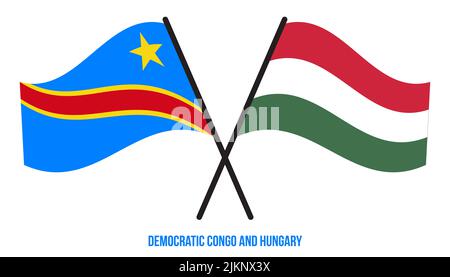Demokratische Republik Kongo und Ungarn Flaggen gekreuzt & winken Flat Style. Offizieller Anteil. Korrigieren Sie Die Farben. Stockfoto