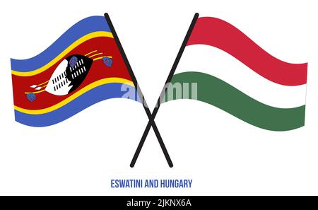 Eswatini und Ungarn Flaggen gekreuzt und winken Flat Style. Offizieller Anteil. Korrigieren Sie Die Farben. Stockfoto