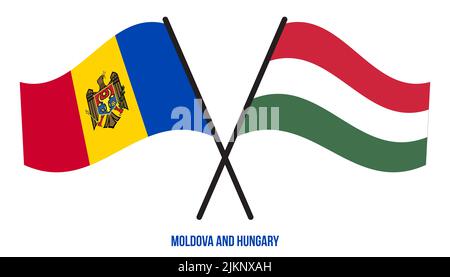 Moldawien und Ungarn Flaggen gekreuzt und winken Flat Style. Offizieller Anteil. Korrigieren Sie Die Farben. Stockfoto