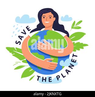 Mädchen hält den Planeten in den Händen. Mensch und Natur, Ökologie, Save Planet Earth Concept. Globale Erwärmung und Klimawandel Stock Vektor
