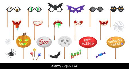 Halloween Fotokabine Maske und Zubehör Vektor-Set. Party-Requisiten, festliche Dekorations-Kollektion. Maske, Brille, gruseliger Mund, traditioneller Kürbis Stock Vektor