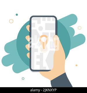 GPS-Navigation auf der Karte. Smartphone-Kartenanwendung und lokalisieren auf dem Bildschirm. App-Suche Kartennavigation, isoliert auf Online-Karten Hintergrund. Vektor Stock Vektor