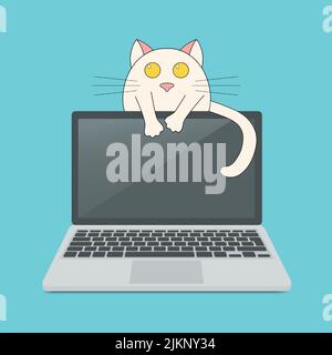 Laptop, PC mit Katzenabbildungen. Vektor-Illustration Laptop und Zeichentrickfigur. Moderner, flacher Stil Stock Vektor