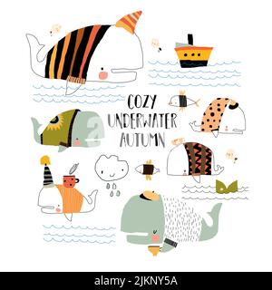 Cartoon-Set mit lustigen Walen tragen Pullover Stock Vektor