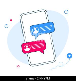 Online-Chat-Nachrichten Textbenachrichtigung auf Mobiltelefon Vektor oder flache Cartoon-Smartphone-sms Sprechblasen Push-Warnungen auf dem Bildschirm, digital oder Stock Vektor