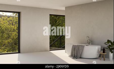 Modernes, geräumiges Badezimmer-Interieur mit luxuriöser Badewanne, Handtuch, Badaccessoires, Innenpflanzen, grauer Wand und großen Fenstern. 3D Rendering, 3D ill Stockfoto