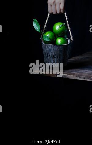 Eine menschliche Hand hält Eimer mit Haufen von Limetten isoliert auf schwarzem Hintergrund Stockfoto