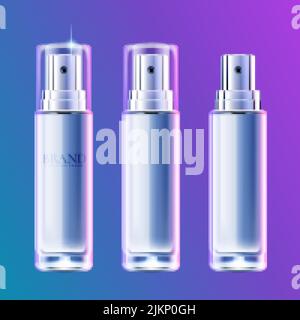 3D Kosmetik silber blau Essenz Pumpe Spender Flasche Set. 3 Flaschen isoliert auf violettem und blauem Hintergrund. Stock Vektor