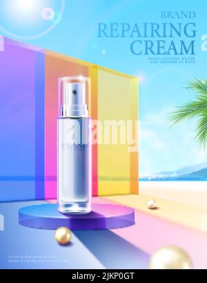 3D Sommer tropic kosmetische Anzeige Vorlage. Silberblaue Essence-Flasche auf dem Podium mit farbenfroher Glaswand und Strandkulisse. Stock Vektor